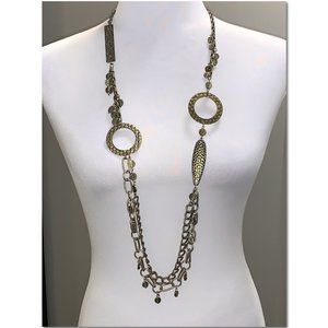 Chico's Hammered Brass Circle Disc Long Statement Necklace EUC